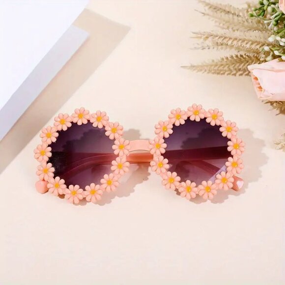 Peach Retro Daisy Flower Sunglasses Women Round Boho Festival Shades Summer Cute - Picture 1 of 4